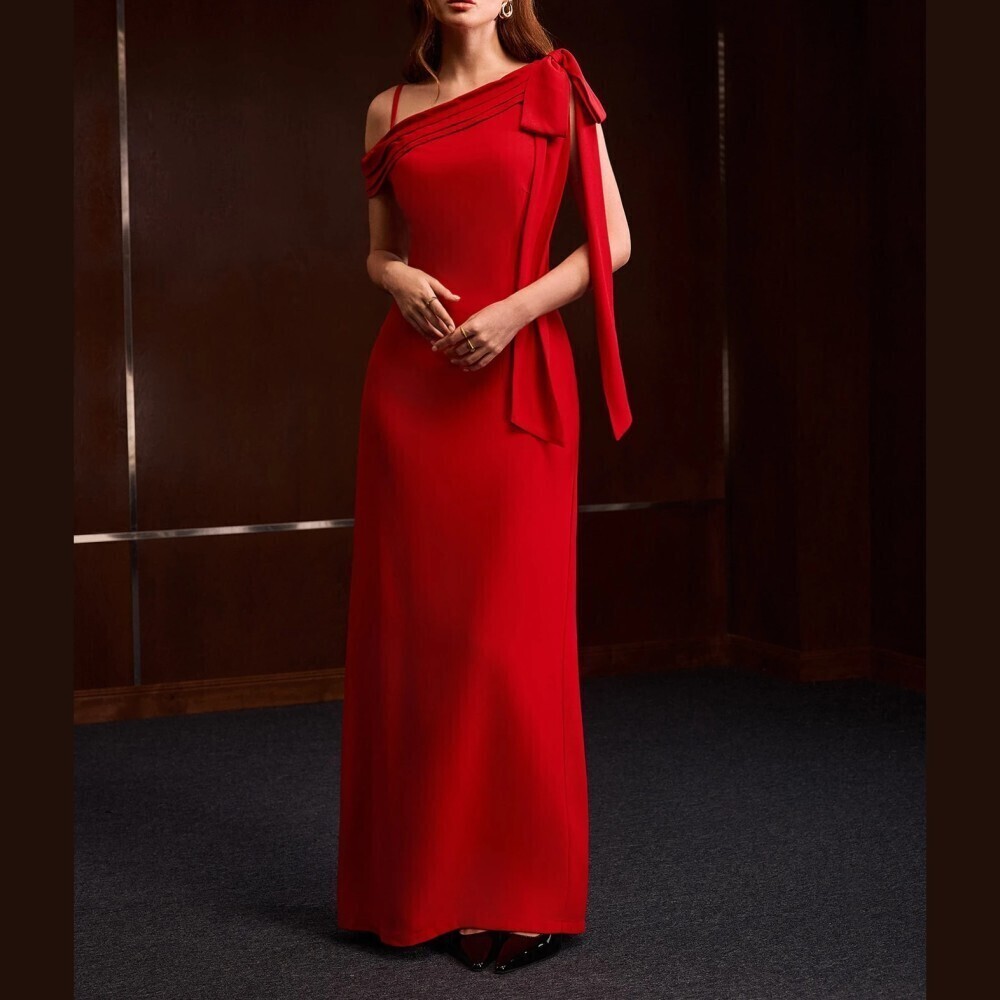 Red Asymmetric One Shoulder Tie Strap Sheath Maxi Dress